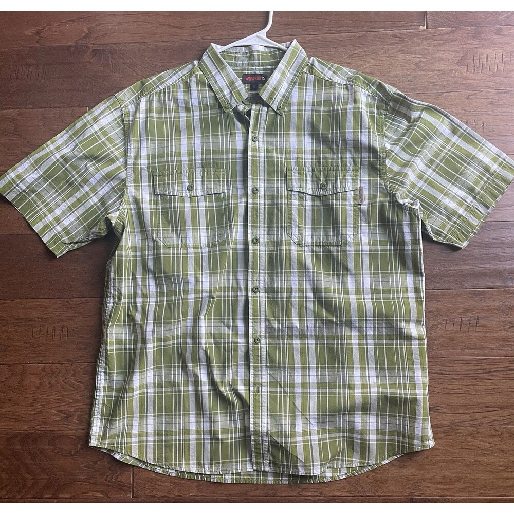Wolverine Men’s Green White Plaid Short Sleeve Button Up Work Shirt Size XL